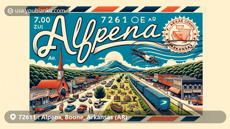 Illustration of Alpena, Arkansas, showcasing postal theme with ZIP code 72611, featuring airmail envelope with Boone County outline stamp, Arkansas state flag, U.S. Highway 62, small businesses, Methodist church, Ozark Mountains greenery, community interactions, and traditional railroad.