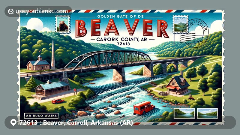 Modern illustration of Beaver, Arkansas, featuring iconic Beaver Bridge against Ozark Mountains backdrop, known as 'Golden Gate of the Ozarks,' with vintage postcard layout, showcasing White River, lush landscapes, airmail border, red mailbox, postal truck, stamps of natural beauty, Arkansas flag, emphasizing postal theme with '72613' and 'Beaver, Carroll County, AR.'