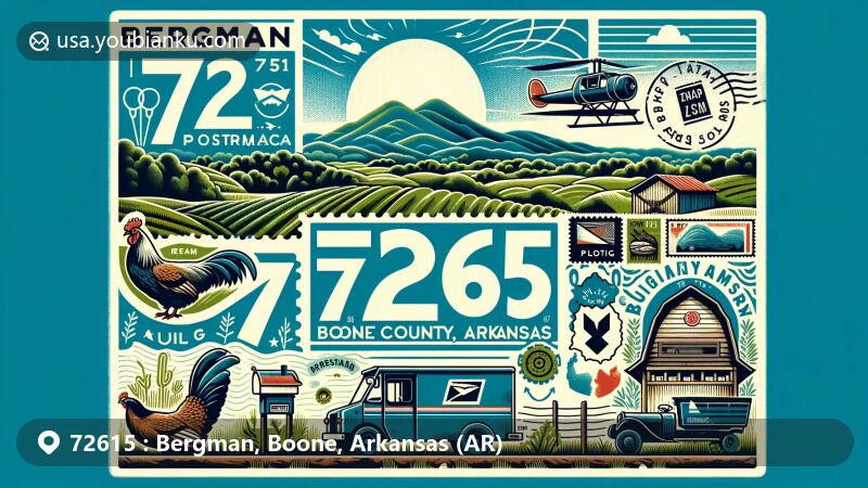 Illustration of Bergman, Boone County, Arkansas, highlighting the scenic Ozark Mountains and the local poultry industry, featuring postal elements like a vintage air mail envelope and a postage stamp with ZIP code 72615.