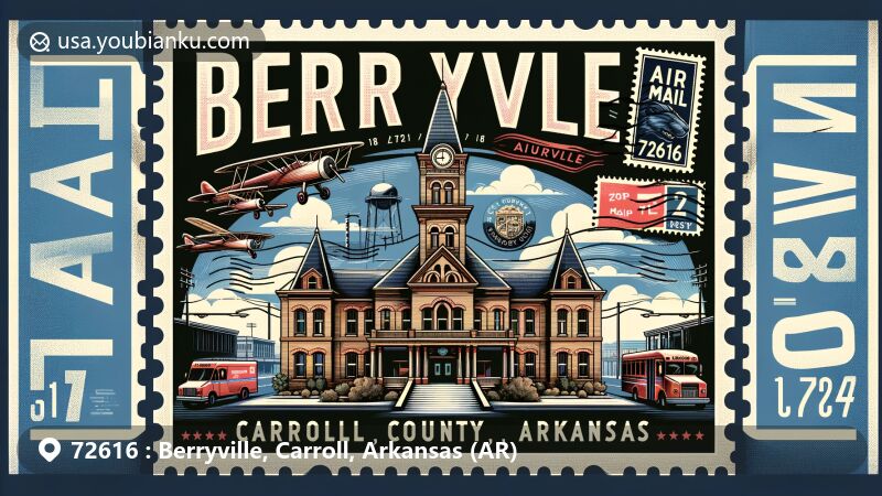 Modern illustration of Berryville, Carroll County, Arkansas, showcasing postal theme with ZIP code 72616, featuring Saunders Museum, Carroll County Heritage Center, and iconic postal elements.