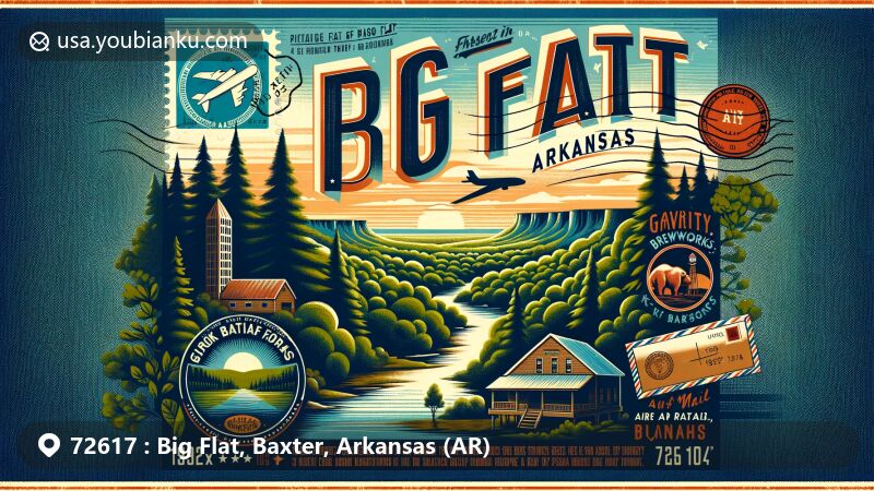 Modern illustration of Big Flat, Arkansas, featuring lush forests of Ozark National Forest, Gravity BrewWorks, and Shelton's Big Flat Getaway, integrated in a postal-themed design.
