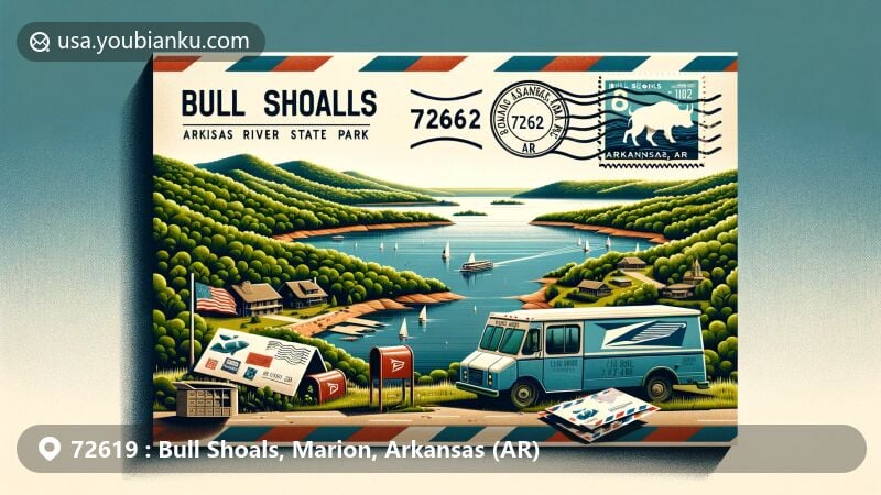 Modern illustration of Bull Shoals Lake and Bull Shoals-White River State Park in Arkansas, featuring airmail envelope with ZIP code 72619, boat on the lake, vintage postal van, and mailbox with stamped letters.