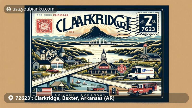 Creative illustration of Clarkridge, Baxter County, Arkansas, with postal theme featuring ZIP code 72623, showcasing Norfork Lake, community spirit, and Ozark Plateau landscapes.