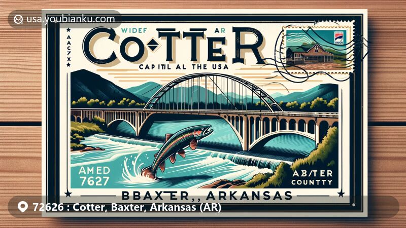 Modern illustration of Cotter Rainbow Bridge and White River in Cotter, Baxter, Arkansas (AR), surrounded by Ozark Mountains, showcasing natural beauty and the designation of Cotter as the Trout Capital of the USA.