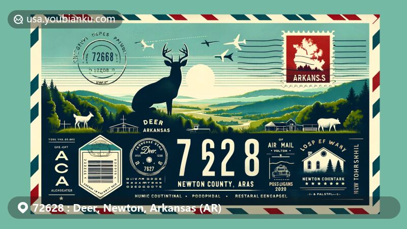 Modern illustration of Deer, Newton County, Arkansas, featuring lush green landscapes and a charming postal theme with vintage elements and ZIP code 72628.