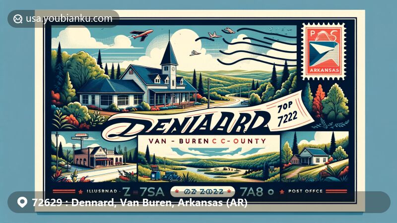Modern illustration of Dennard, Arkansas, showcasing postal theme with ZIP code 72629, surrounded by scenic Van Buren County landscapes, including forests and hills.