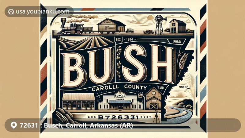 Modern illustration of Busch area in Carroll County, Arkansas, with focal point on postal theme featuring ZIP code 72631. Design inspired by vintage airmail envelopes symbolizing postal communication, highlighting '72631' in bold and stylized digits. Includes tribute to Busch historical roots like the first Busch store established in 1904 and silhouette of Carroll County for geographical context. Incorporates natural landmarks like White River and Beaver Dam, significant to community development and scenic beauty.