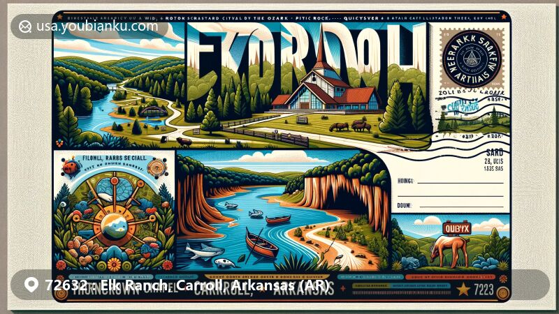 Modern illustration of Elk Ranch, Carroll County, Arkansas, featuring Thorncrown Chapel, Pivot Rock, Natural Bridge, Quicksilver Gallery, and Onyx Cave, set against the backdrop of the lush Ozark Mountains.