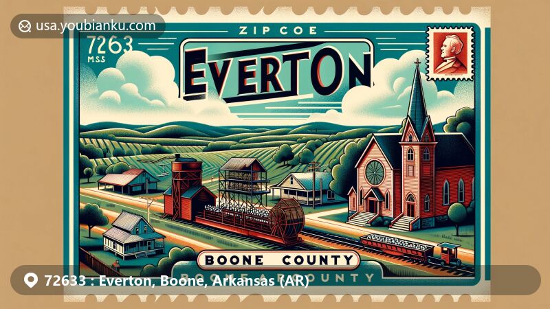 Modern illustration of Everton, Boone County, Arkansas, capturing the essence of a historic town with agricultural roots. Features Methodist church, cotton gin, and Missouri-North Arkansas Railroad, set against lush Arkansas landscapes.