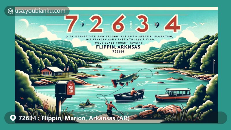Modern illustration of Flippin, Arkansas, showcasing postal theme with ZIP code 72634, featuring Bull Shoals Lake, White River, trout fishing, and outdoor activities like fishing, fly-fishing, floating, and water skiing.