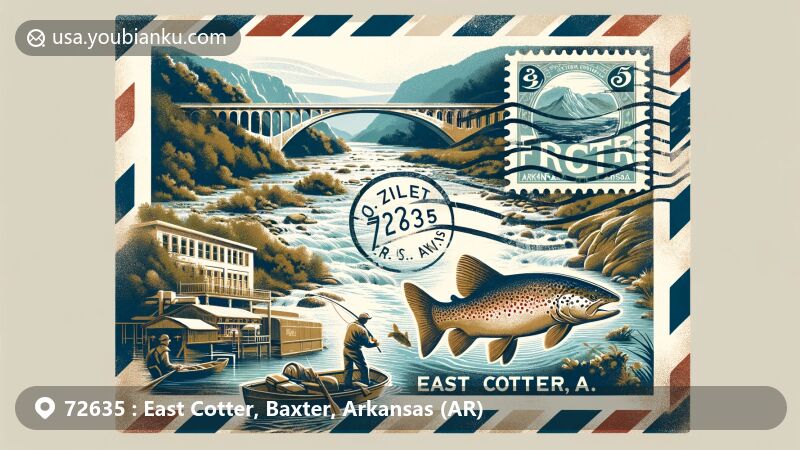 Modern illustration of East Cotter, Arkansas, featuring a stylized airmail envelope with ZIP code 72635, White River trout fishing, Cotter Bridge, and scenic landscape.
