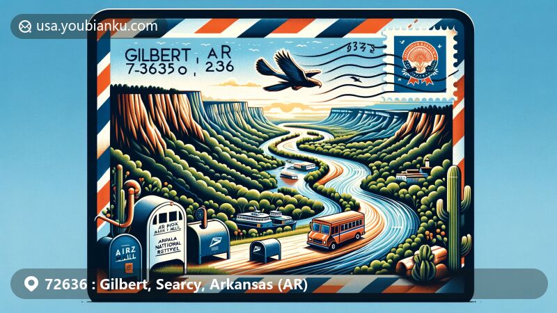 Modern illustration of Gilbert, Searcy, Arkansas, displaying Buffalo National River and Ozark Mountains, featuring air mail envelope with Arkansas state flag stamp, postmark 'Gilbert, AR 72636,' mailbox, and postal van.