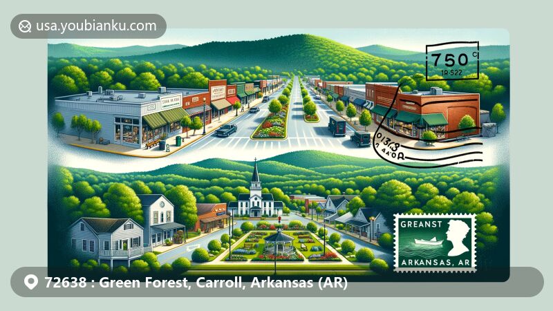 Modern illustration of Green Forest, Arkansas, showcasing downtown area with antique stores, café, furniture store, florist, hardware store, grassy area with gazebo, Ozark Mountains backdrop, airmail envelope with stamp of Green Forest outline, and postmark '72638 Green Forest, AR'.