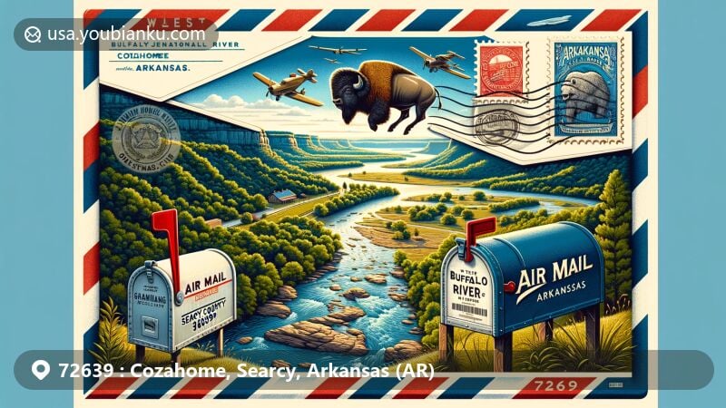Modern illustration of Cozahome, Searcy County, Arkansas, featuring the Buffalo National River and Ozark Mountains, with a vintage mailbox showing ZIP code 72639, airmail envelope, and Arkansas state flag postcard.