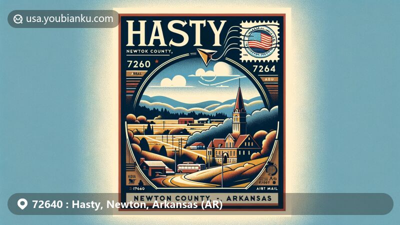 Modern illustration of Hasty, Newton County, Arkansas, with postal theme and ZIP code 72640, showcasing rural beauty and Ozark Mountains charm.