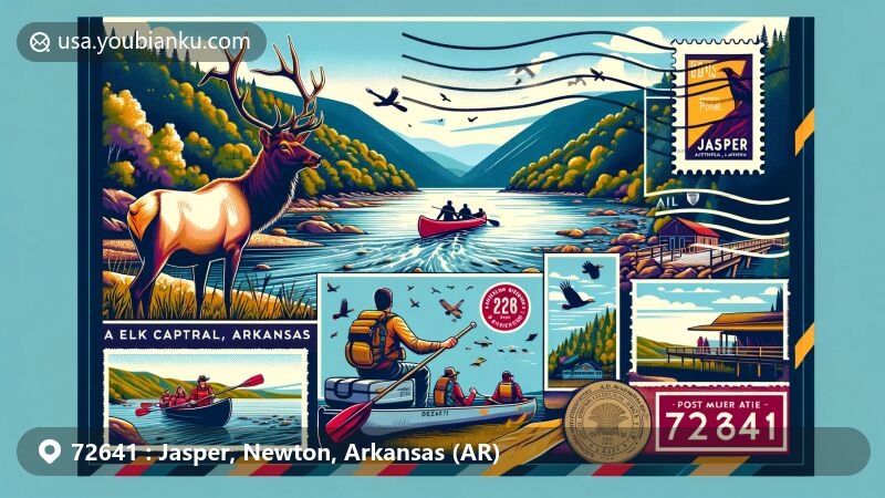 Modern illustration of Jasper, Arkansas, showcasing postal theme with ZIP code 72641, highlighting Elk Capital status and Buffalo National River, featuring outdoor activities like hiking and canoeing.