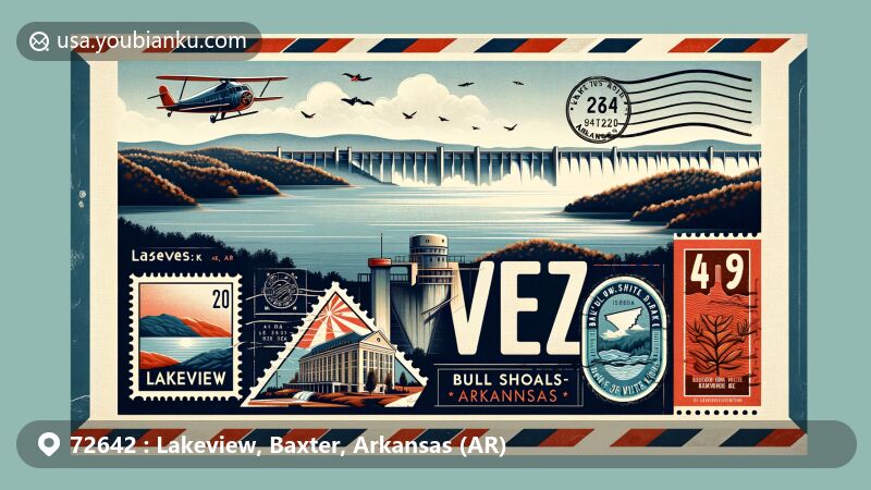 Modern illustration of Lakeview, Arkansas (ZIP code 72642), highlighting Bull Shoals Dam, Bull Shoals-White River State Park, and postal theme with vintage airplane mail envelope featuring 'Lakeview, AR 72642' postal mark.