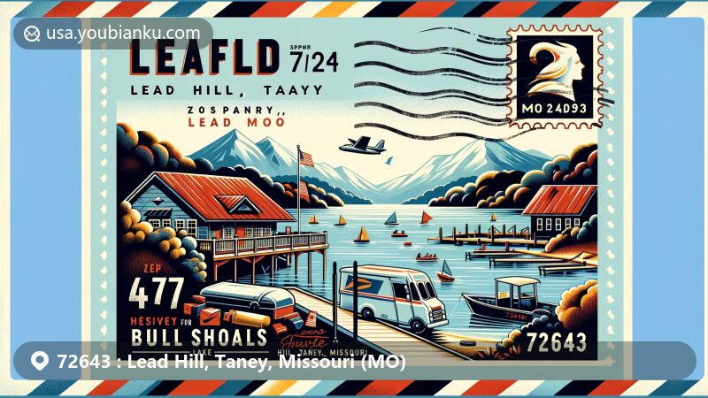 Colorful illustration of Lead Hill, Taney County, Missouri, highlighting ZIP code 72643, featuring Bull Shoals Lake for water sports enthusiasts, with postcard and postal elements.