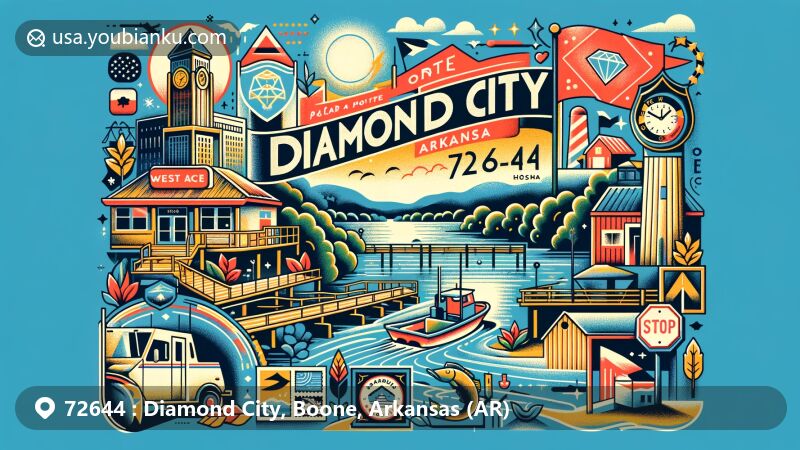 Modern illustration of Diamond City, Arkansas, in Boone County, on Bull Shoals Lake, emphasizing its fishing culture and postal heritage with ZIP code 72644, featuring a vintage postcard motif and Arkansas state flag.