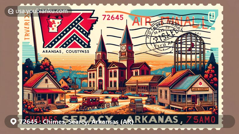 Modern illustration of Chimes, Searcy, Arkansas, portraying vintage postcard theme with United States postal code 72645, featuring Arkansas state flag, White County Courthouse, Pioneer Village, and Ozark Mountains cultural heritage elements.