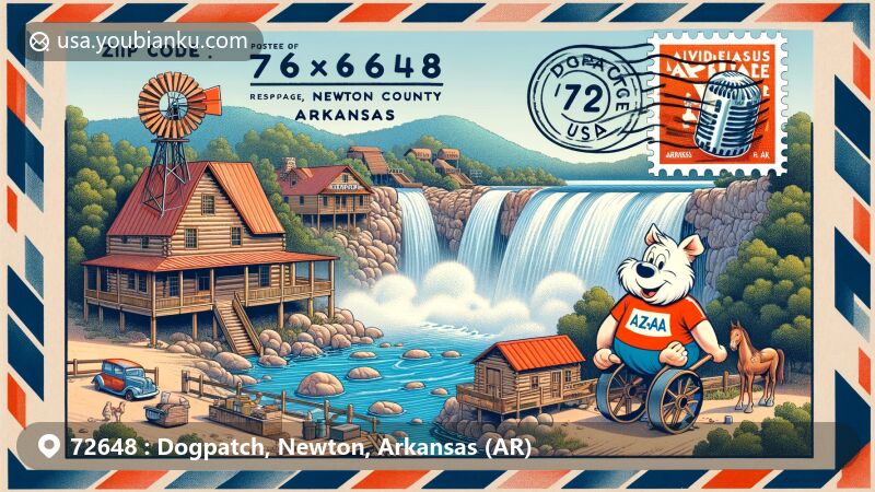 Creative illustration of Dogpatch, Newton County, Arkansas, capturing essence of defunct Dogpatch USA theme park with log cabins, watermill, and Jubilation T. Cornpone statue from Li'l Abner comic strip. Design features Marble Falls scenery and airmail envelope with Arkansas state flag stamp.