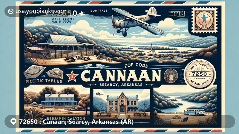 Modern illustration of Canaan, Searcy, Arkansas, with Marshall Overlook, Benjamin Clayton Black House, and Searcy County Veterans Hall & Museum, integrated into retro airmail envelope design.