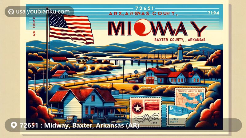 Modern illustration of Midway, Baxter County, Arkansas, showcasing postal theme with ZIP code 72651, featuring rural landscape and historical allusions.