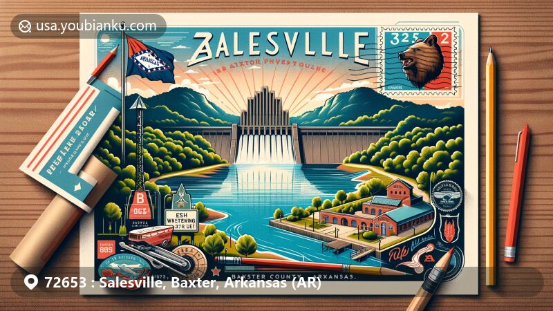 Modern illustration of Salesville, Baxter County, Arkansas, featuring Norfork Dam and North Fork River, embodying the essence of the picturesque landscape with postal themes like vintage-style postcard and airmail envelope, showcasing ZIP code 72653 and Arkansas state symbols.