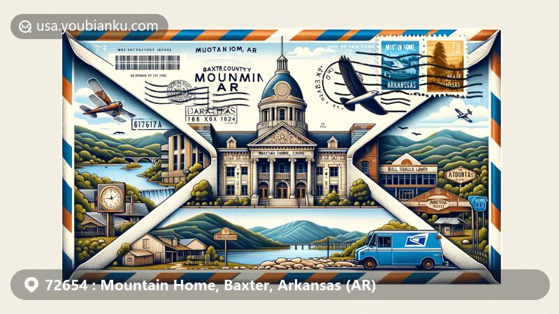 Modern illustration of Mountain Home, Arkansas, showcasing airmail envelope design revealing scenic beauty with Baxter County Courthouse, Norfork and Bull Shoals Lakes, and White and North Fork Rivers.