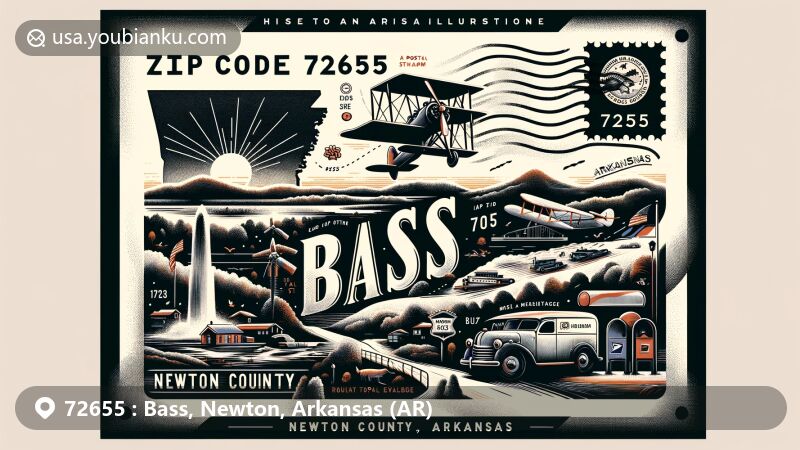Modern illustration of Bass, Newton County, Arkansas, representing ZIP code 72655, incorporating Arkansas state flag, Newton County outline, and Round Top Mountain Crash Site, with vintage postal elements like a stamp, postmark, and mail carrier theme.
