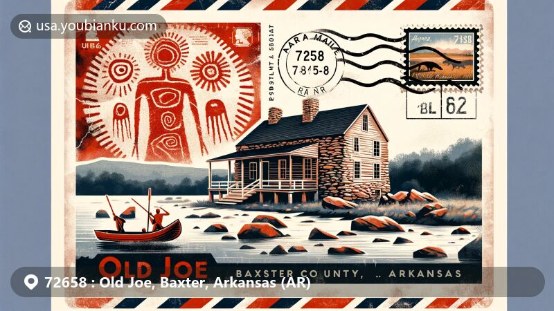 Modern illustration of Old Joe, Baxter County, Arkansas, featuring ancient rock art panel with red pigment figures, Jacob Wolf House, and vintage postal theme with Arkansas state flag.