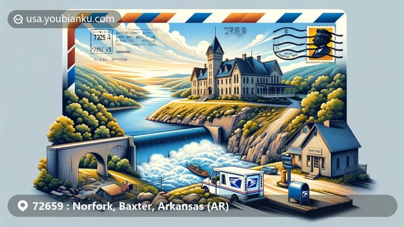 Modern illustration of Norfork area in Baxter County, Arkansas, showcasing historic Jacob Wolf House and Norfork Dam, along with natural beauty. The artwork cleverly integrates into an open airmail envelope, featuring stamps, postmarks, ZIP Code 72659, mailbox, and mail truck to emphasize postal theme.