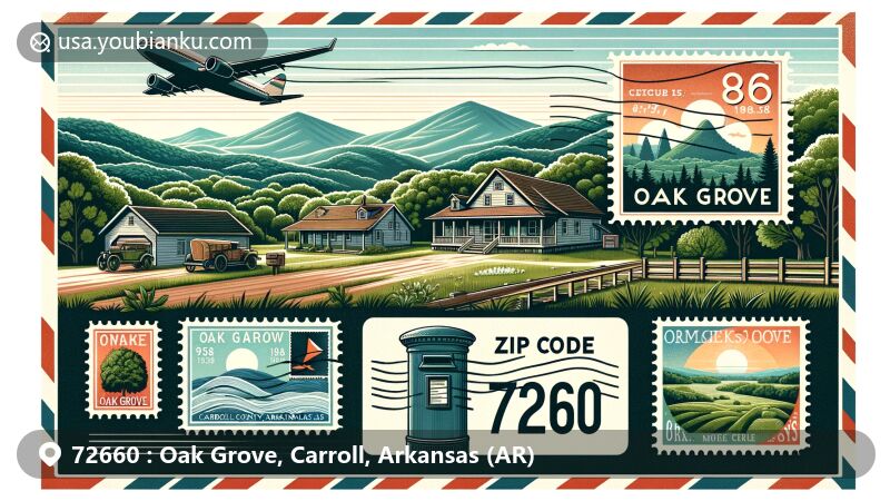 Modern illustration of Oak Grove, Carroll County, Arkansas, with the Ozark Mountains, historical homestead, postal elements, and serene skies, capturing the town's essence.