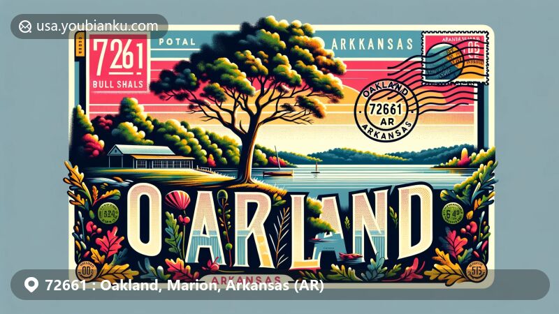 Illustration of Oakland, Arkansas, depicting the postal code '72661,' featuring Bull Shoals Lake, oak trees, vintage postal stamps, '72661' postmark, 'Oakland, AR,' Arkansas state flag, and a stylized postcard design.