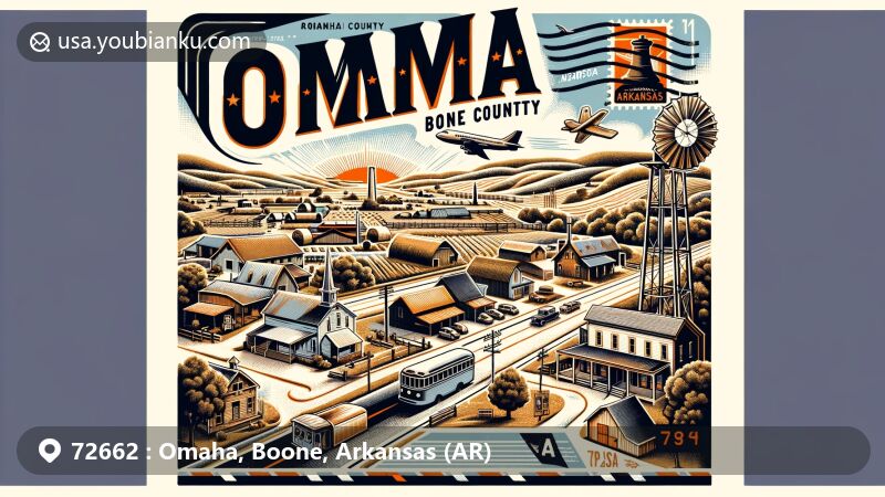 Modern illustration of Omaha, Boone County, Arkansas, featuring rural charm, postal theme with ZIP code 72662, and historical nods to Arkansas Highway 14 and early establishments, capturing the town's essence.