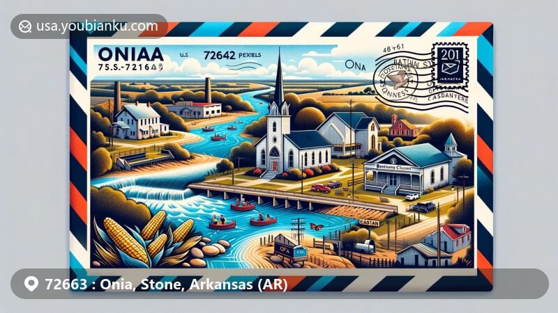 Modern illustration of Onia, Stone County, Arkansas, showcasing postal theme with ZIP code 72663, featuring Roasting Ear Creek, Bethany Baptist Church, U.S. Post Office, Caston stone quarry, and historic school buildings.
