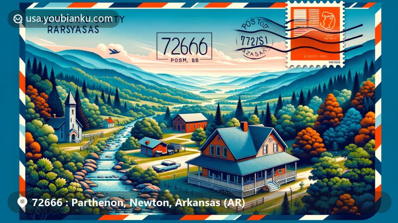 Modern illustration of Parthenon, Newton County, Arkansas, showcasing postal theme with ZIP code 72666, featuring Ozark Mountains, local structures, and rustic elements.