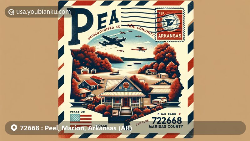Modern illustration of Peel, Marion County, Arkansas, highlighting ZIP code 72668 amidst natural beauty with Bull Shoals Lake, featuring vintage airmail envelope with Arkansas state flag stamp and postal marks.