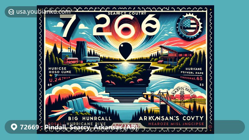 Vibrant illustration of Pindall, Arkansas, depicting the essence of ZIP code 72669 with Searcy County silhouette, U.S. Highway 65, historical mines, lush vegetation, and the 2024 Total Solar Eclipse.