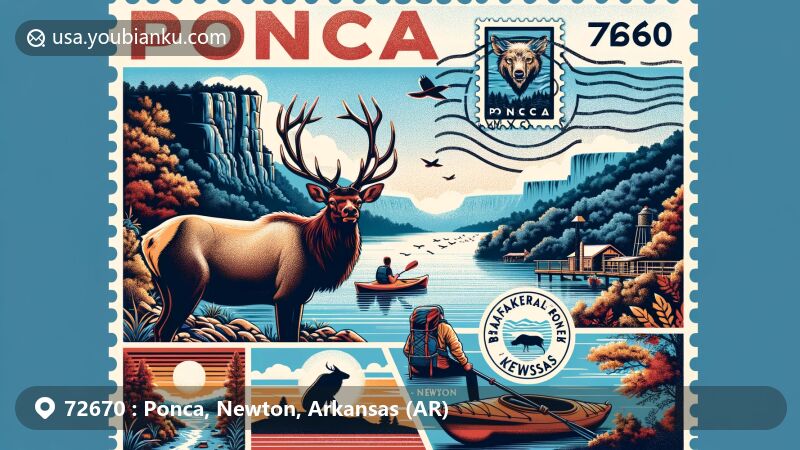 Modern illustration of Ponca, Newton County, Arkansas, portraying ZIP Code 72670 as a postcard with Buffalo National River, Whitaker Point, and majestic elk, featuring kayaking and hiking symbols.
