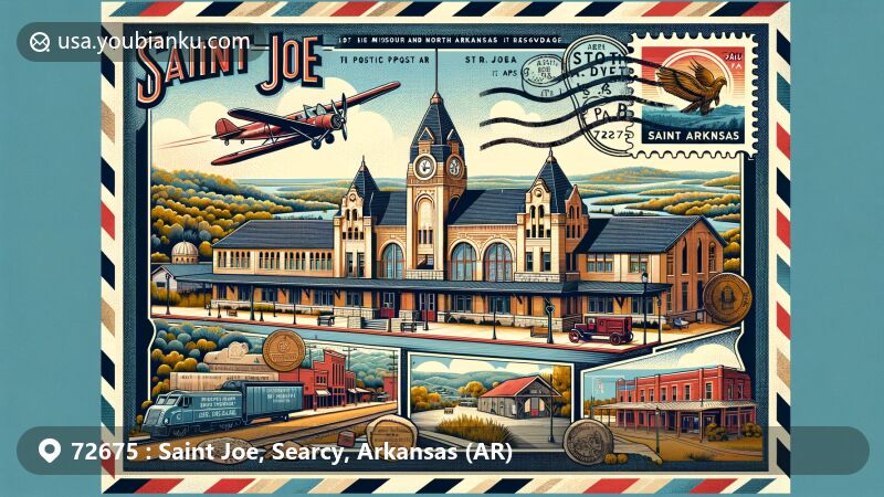 Modern illustration of Saint Joe, Arkansas, in Searcy County, featuring Historic St. Joe Depot Museum and Ozarks natural scenery, highlighting town's postal heritage with elements like post office facade, postal truck, and letters addressed to 72675.