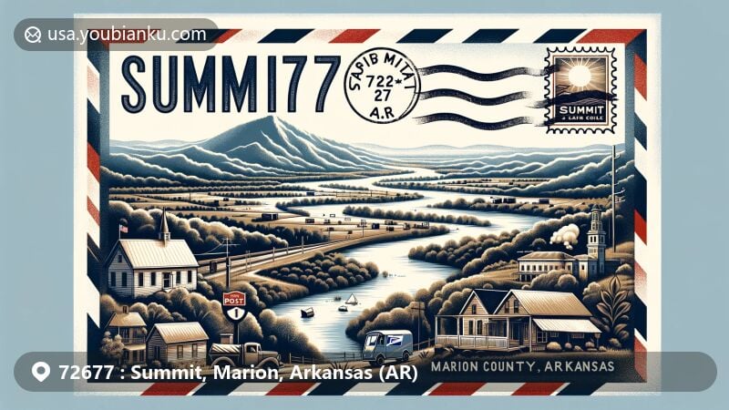 Modern illustration of Summit, Marion County, Arkansas, highlighting postal theme with ZIP code 72677, featuring the White River, rolling hills, and Summit's small-town charm.