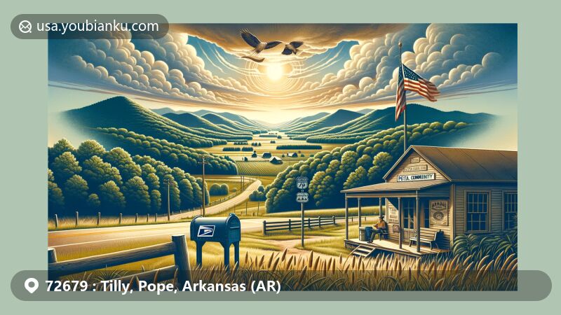 Modern illustration of Tilly, Pope County, Arkansas, featuring ZIP code 72679, showcasing the natural beauty of the Ozark Mountains with lush forests and rolling hills, vintage postal elements, and symbolic Arkansas state flag.