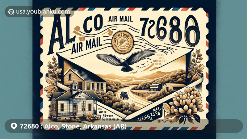 Creative depiction of Alco, Stone County, Arkansas, showcasing vintage air mail envelope with Ozark Mountains, Alco School, local flora, and Newton Sutterfield Homestead.