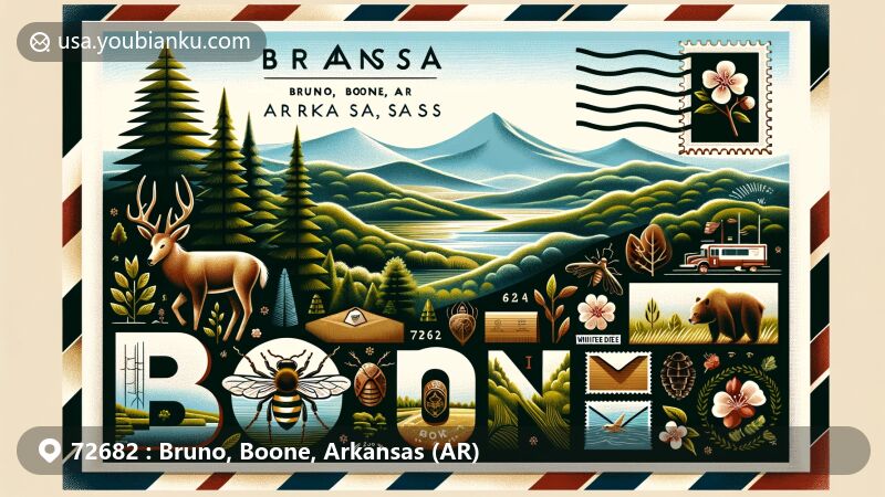 Modern illustration of the 72682 area in Arkansas, merging the Ozark Mountains in Boone County with Arkansas state symbols on a postcard design, showcasing ZIP code 72682 and postal elements, including state flag and region-specific symbols.
