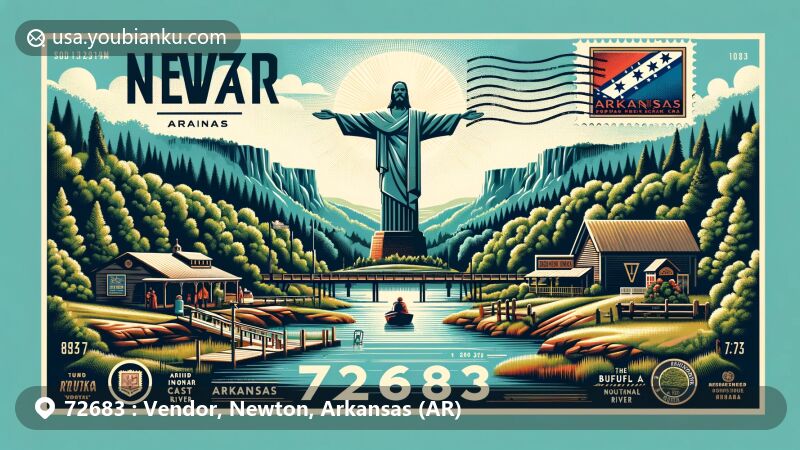 Modern illustration of Vendor, Newton, Arkansas, showcasing ZIP code 72683, featuring Christ of the Ozarks statue, Buffalo National River, and vintage postal elements.
