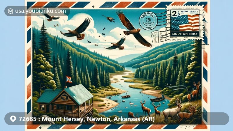 Modern illustration of Mount Hersey, Newton County, Arkansas, showcasing natural beauty and postal theme with ZIP code 72685, featuring lush landscapes, river, wildlife, rustic cabin, air mail envelope, vintage postage stamp, and Arkansas state flag.