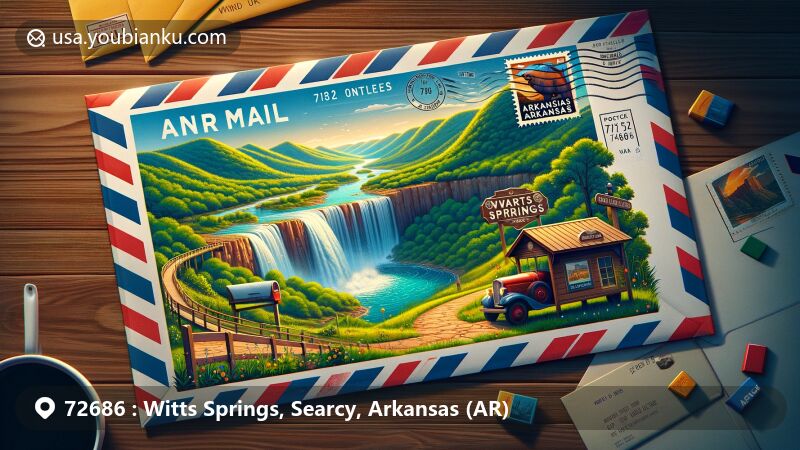 Modern illustration of Witts Springs, Arkansas, featuring Ozark Highlands Trail, waterfalls like Falling Water Falls and Six Finger Falls, post office with ZIP Code 72686, classic mail vehicle, and Arkansas state flag.