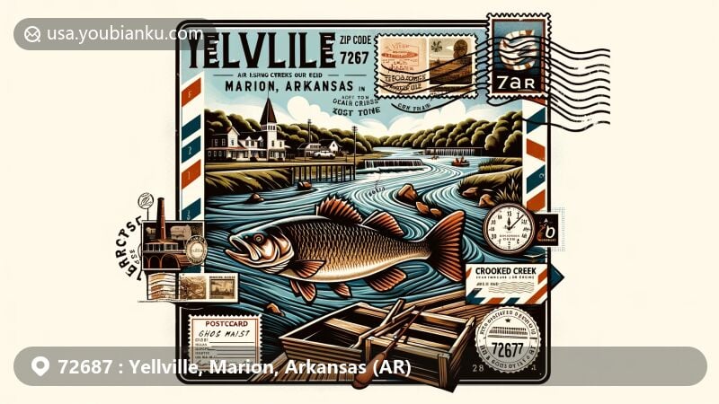 Modern illustration of Yellville, Marion, Arkansas, highlighting the charm and history of the area with Ozarks scenery, Crooked Creek, Archibald Yell reference, Rush ghost town, and postal theme featuring 'Yellville, AR 72687'.