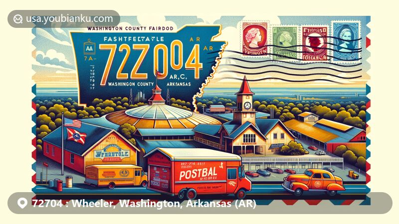Modern illustration of Wheeler, Washington County, Arkansas, highlighting postal theme with ZIP code 72704, featuring Washington County Fairgrounds and Arkansas state symbols.